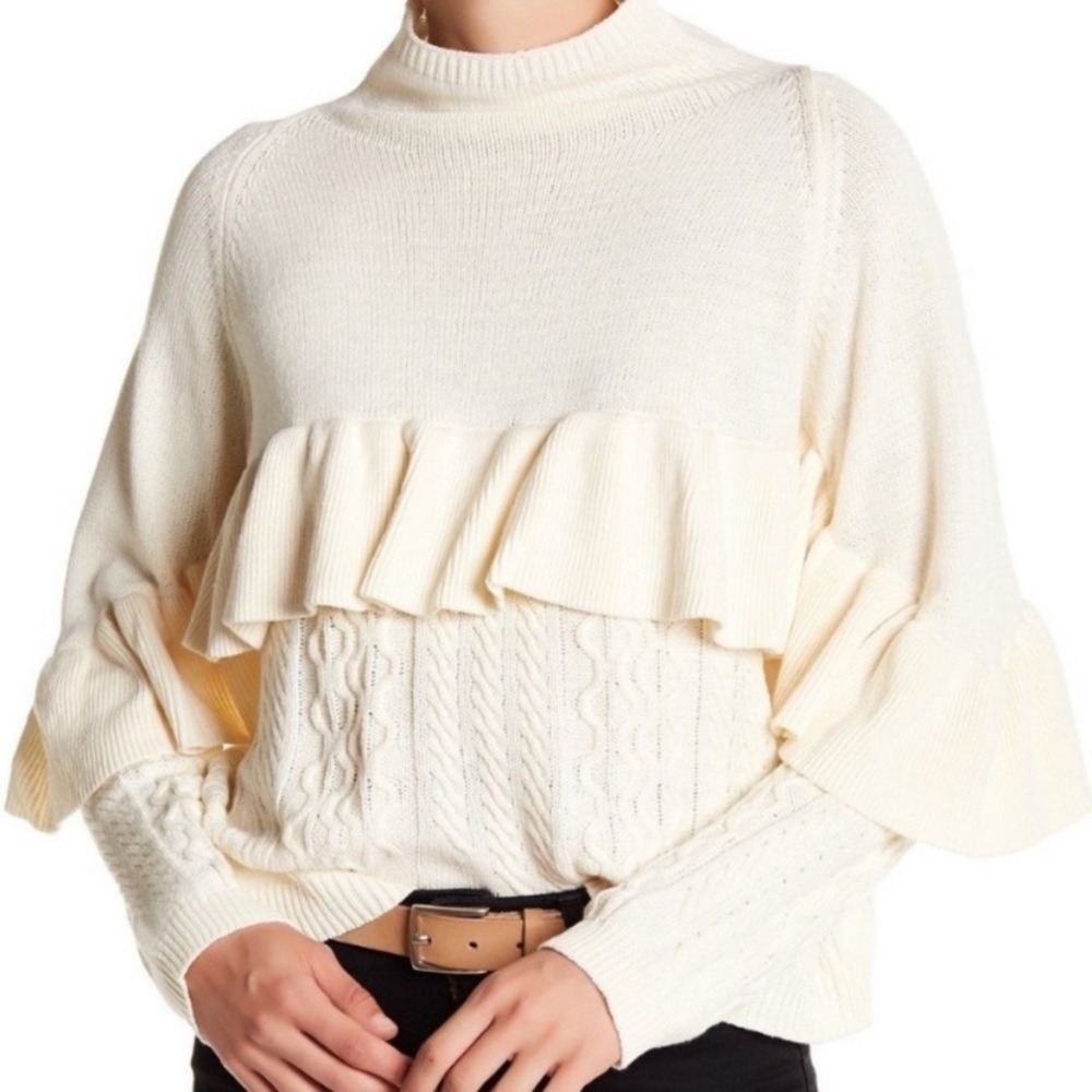 NWOT PROJECT NAADAM Ruffle Mock Neck Cream Off White Cable Sweater Size X-Small